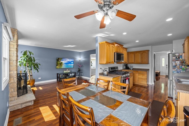 209 Surrey Dr, Carol Stream, IL 60188 - dining space featuring a ceiling fan, dark wood-style floors, and recessed lighting