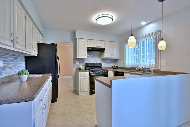 1340 Charger Ct, Carol Stream, IL 60188 - kitchen with black appliances, under cabinet range hood, a peninsula, decorative backsplash, and pendant lighting