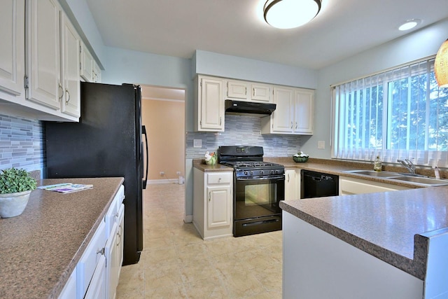 1340 Charger Ct, Carol Stream, IL 60188 - kitchen featuring black appliances, under cabinet range hood, tasteful backsplash, light tile patterned flooring, and white cabinetry