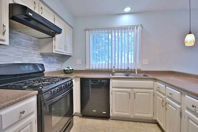1340 Charger Ct, Carol Stream, IL 60188 - kitchen featuring black appliances, ventilation hood, decorative backsplash, white cabinets, and hanging light fixtures