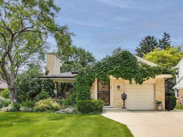 222 Cornell Ave, Des Plaines, IL 60016 - view of property hidden behind natural elements featuring driveway, an attached garage, brick siding, a chimney, and a front lawn