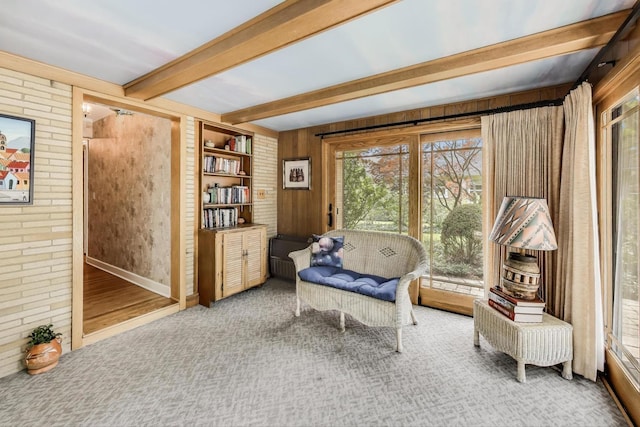 222 Cornell Ave, Des Plaines, IL 60016 - living area with beamed ceiling, wooden walls, and carpet floors