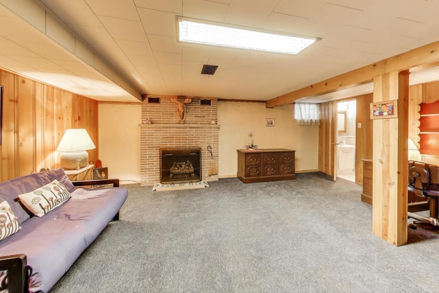 222 Cornell Ave, Des Plaines, IL 60016 - carpeted living area featuring wooden walls and a brick fireplace