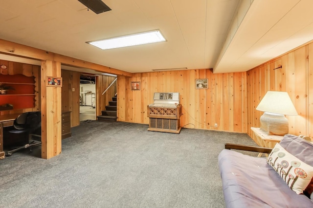 222 Cornell Ave, Des Plaines, IL 60016 - carpeted living room featuring wood walls and stairway