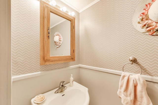 222 Cornell Ave, Des Plaines, IL 60016 - bathroom with wallpapered walls and crown molding