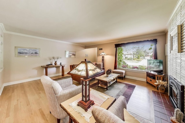 222 Cornell Ave, Des Plaines, IL 60016 - living area featuring light wood-style floors, crown molding, and a brick fireplace