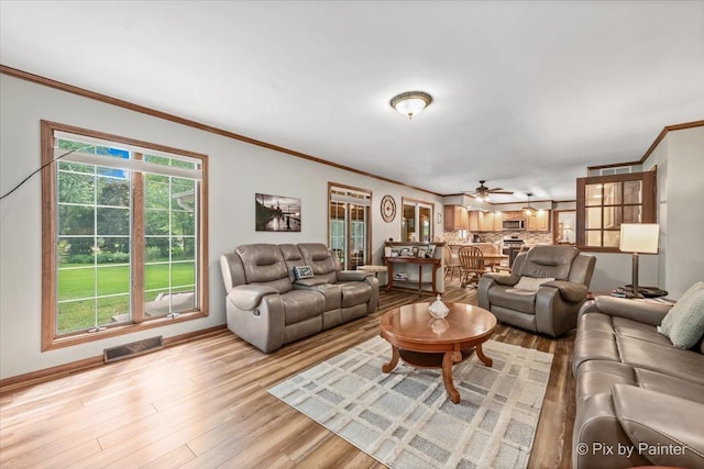 2N445 Beith Rd, Elburn, IL 60119 - living room featuring crown molding, light wood-type flooring, and a ceiling fan