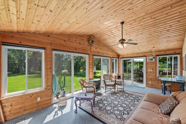 2N445 Beith Rd, Elburn, IL 60119 - sunroom / solarium featuring lofted ceiling, wood walls, carpet flooring, and wooden ceiling