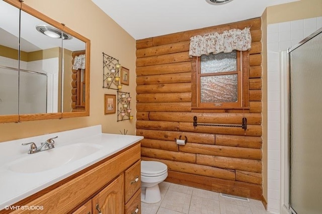N1508 Wildwood Rd, Linn, WI 53147 - bathroom featuring rustic walls, vanity, and a stall shower