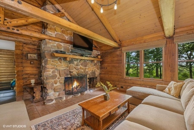 N1508 Wildwood Rd, Linn, WI 53147 - living room featuring wood ceiling, a stone fireplace, and tile patterned floors