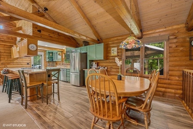 N1508 Wildwood Rd, Linn, WI 53147 - dining area featuring a wood ceiling with exposed beams, log walls, light wood-style floors, and high vaulted ceiling