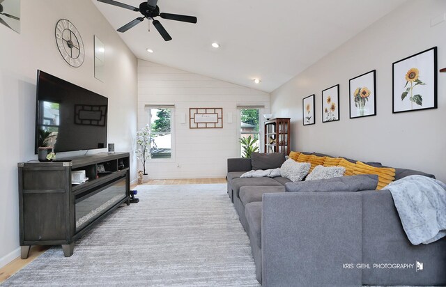 21136 W Engle Dr, Lake Villa, IL 60046 - living room featuring a ceiling fan, vaulted ceiling, wood finished floors, and recessed lighting