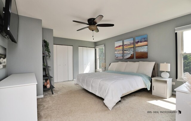 21136 W Engle Dr, Lake Villa, IL 60046 - bedroom featuring multiple closets, light carpet, multiple windows, and a ceiling fan