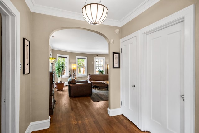 7439 N Maplewood Ave, Chicago, IL 60645 - hallway featuring arched walkways, dark wood finished floors, crown molding, and a baseboard heating unit