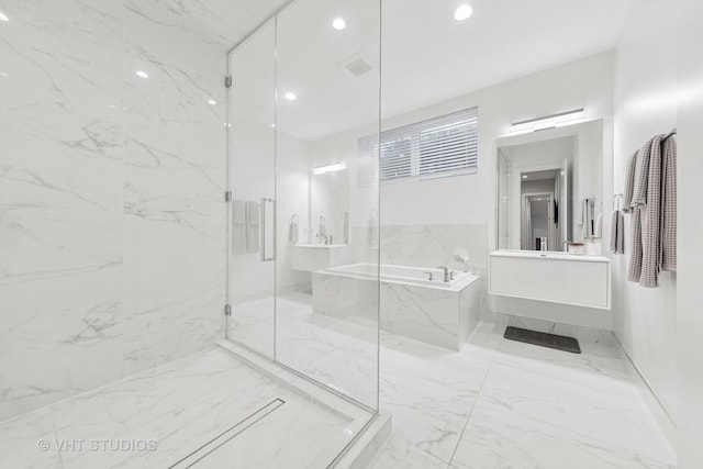 5236 N Kenmore Ave Unit 1N, Chicago, IL 60640 - full bathroom featuring marble finish flooring, vanity, a bath, a marble finish shower, and recessed lighting