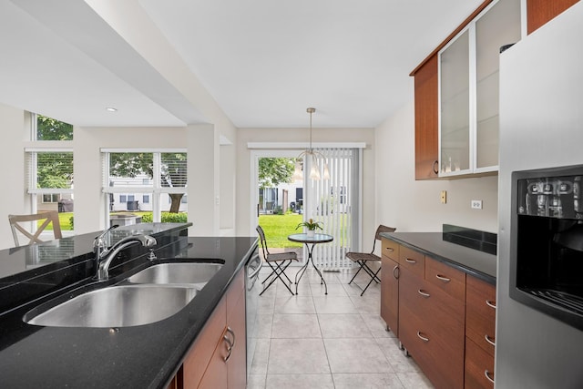 905 Huntington Dr, Elk Grove Village, IL 60007 - kitchen featuring stainless steel fridge with ice dispenser, dishwashing machine, light tile patterned flooring, glass insert cabinets, and dark stone countertops