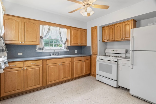 418 S Vail Ave, Arlington Heights, IL 60005 - kitchen with white appliances, a ceiling fan, decorative backsplash, and brown cabinets