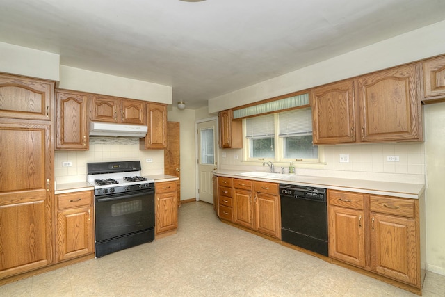 333 Elm St, Glen Ellyn, IL 60137 - kitchen featuring range with gas cooktop, black dishwasher, under cabinet range hood, backsplash, and light floors