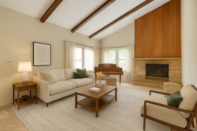 333 Elm St, Glen Ellyn, IL 60137 - living room with light colored carpet, beam ceiling, a stone fireplace, and high vaulted ceiling