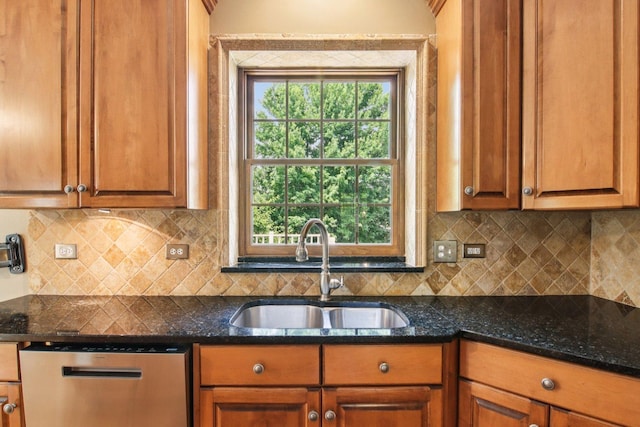 1560 Fairway Cir, Geneva, IL 60134 - kitchen featuring dishwasher, brown cabinets, and decorative backsplash