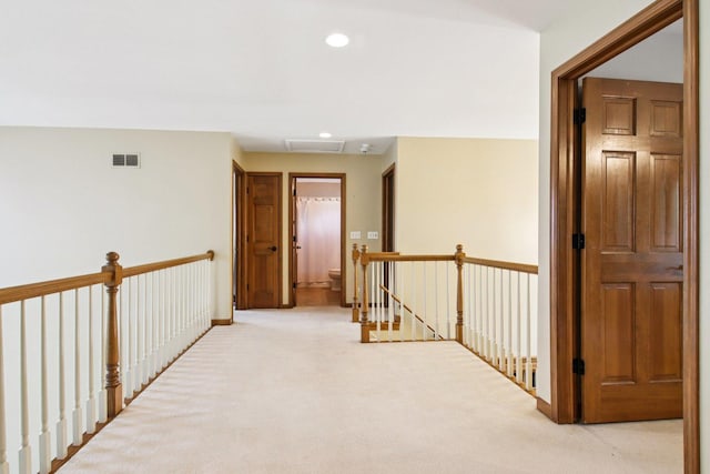 1560 Fairway Cir, Geneva, IL 60134 - hall with an upstairs landing, light colored carpet, recessed lighting, and attic access