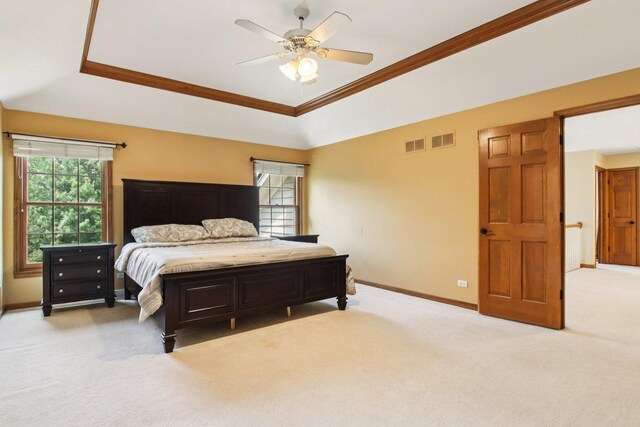 1560 Fairway Cir, Geneva, IL 60134 - bedroom with carpet, a tray ceiling, ornamental molding, and ceiling fan