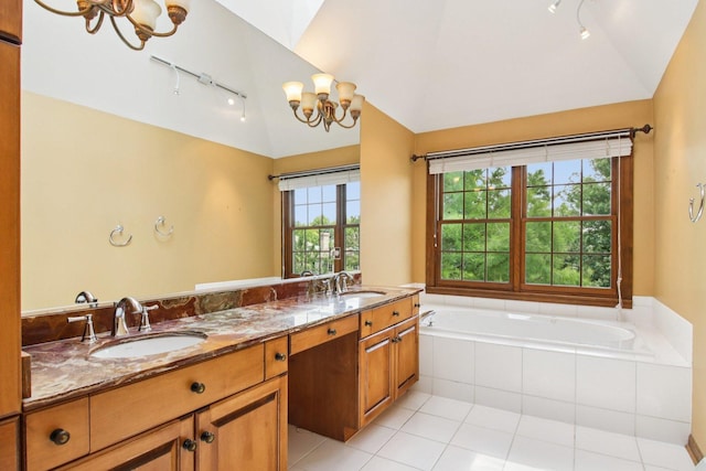 1560 Fairway Cir, Geneva, IL 60134 - full bathroom with track lighting, lofted ceiling, a chandelier, a bath, and double vanity
