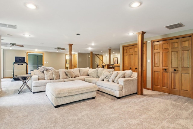 1560 Fairway Cir, Geneva, IL 60134 - living room with light carpet, ceiling fan, and recessed lighting