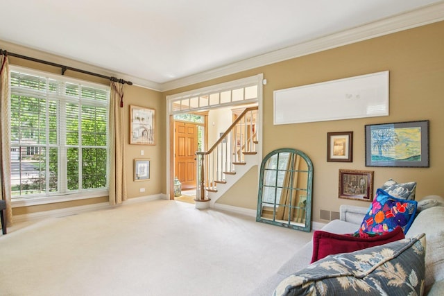 1560 Fairway Cir, Geneva, IL 60134 - sitting room with crown molding, stairs, and carpet