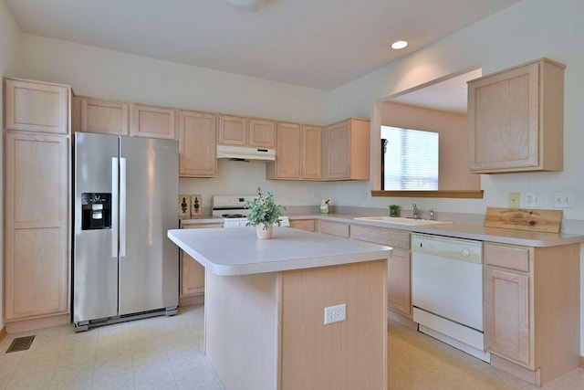 350 Woodhill Dr, Carol Stream, IL 60188 - kitchen with white appliances, light brown cabinetry, light floors, and recessed lighting
