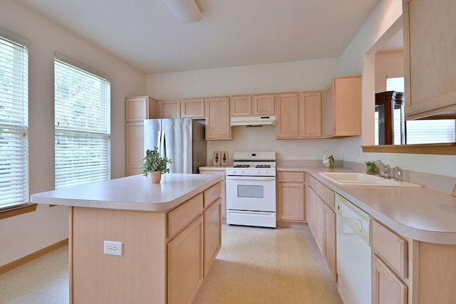 350 Woodhill Dr, Carol Stream, IL 60188 - kitchen featuring white appliances, light brown cabinets, light countertops, light flooring, and under cabinet range hood