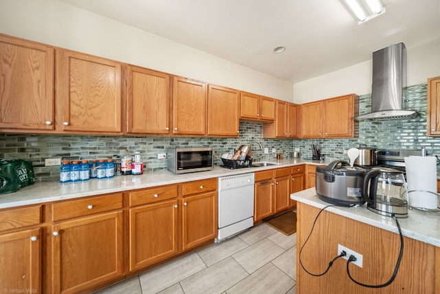 2026 Juniper Ct, Glendale Heights, IL 60139 - kitchen with wall chimney range hood, dishwasher, stainless steel microwave, and decorative backsplash