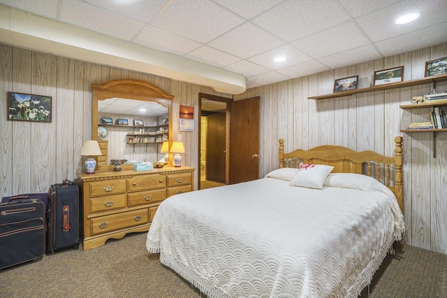 16524 Shirley Ct, South Holland, IL 60473 - bedroom featuring carpet flooring, wood walls, a drop ceiling, and recessed lighting