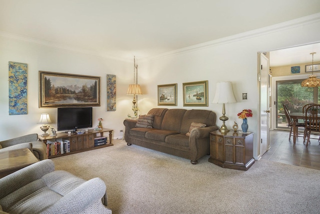 16524 Shirley Ct, South Holland, IL 60473 - living area featuring carpet flooring, crown molding, and a chandelier
