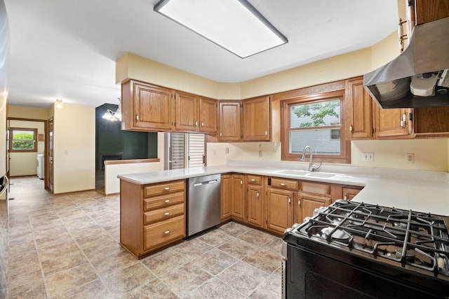 528 Carlson Ct, Batavia, IL 60510 - kitchen featuring wall chimney exhaust hood, dishwasher, black range with gas cooktop, a peninsula, and light countertops