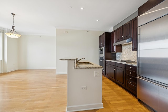 310 S Michigan Ave Unit 1804, Chicago, IL 60604 - kitchen featuring appliances with stainless steel finishes, under cabinet range hood, backsplash, light wood-type flooring, and pendant lighting