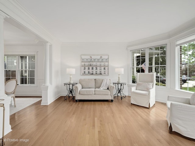 551 W 3rd St, Elmhurst, IL 60126 - living area with ornate columns, ornamental molding, and light wood finished floors