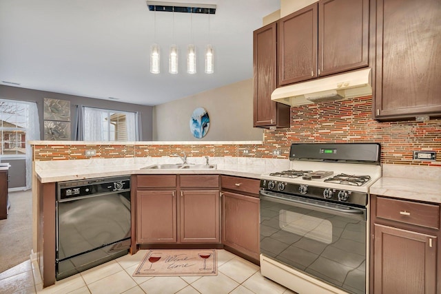 8808 Concord Ln Unit J, Justice, IL 60458 - kitchen with gas range gas stove, dishwasher, under cabinet range hood, a peninsula, and backsplash