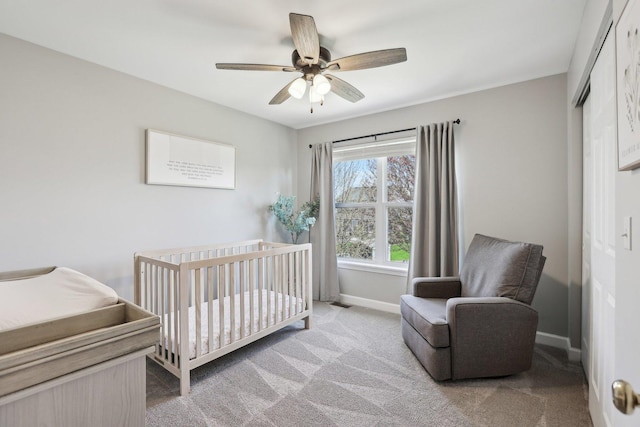 11176 Fleetwood St, Huntley, IL 60142 - bedroom with light colored carpet, a nursery area, ceiling fan, and a closet