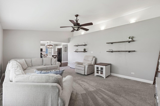11176 Fleetwood St, Huntley, IL 60142 - living area featuring a ceiling fan, carpet, a chandelier, and lofted ceiling
