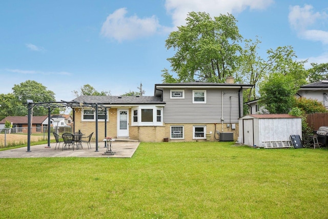 9342 Oriole Ave, Morton Grove, IL 60053 - back of house featuring a storage shed, a patio area, a chimney, brick siding, and a pergola