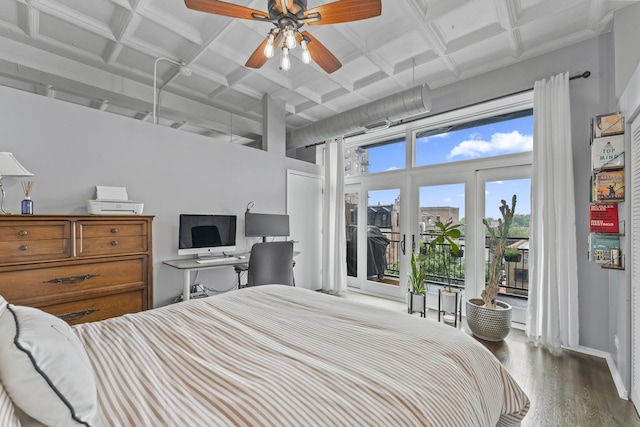 1307 S Wabash Ave Unit 413, Chicago, IL 60605 - bedroom with access to exterior, wood finished floors, coffered ceiling, beam ceiling, and ceiling fan