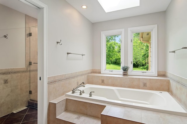 6513 High Meadow Ct, Long Grove, IL 60047 - bathroom featuring a bath, a skylight, a shower stall, tile patterned flooring, and recessed lighting