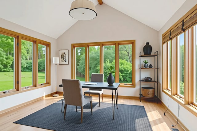 6513 High Meadow Ct, Long Grove, IL 60047 - office with plenty of natural light, light wood finished floors, high vaulted ceiling, and beamed ceiling