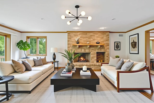 6513 High Meadow Ct, Long Grove, IL 60047 - living area with ornamental molding, a chandelier, light wood finished floors, and a fireplace