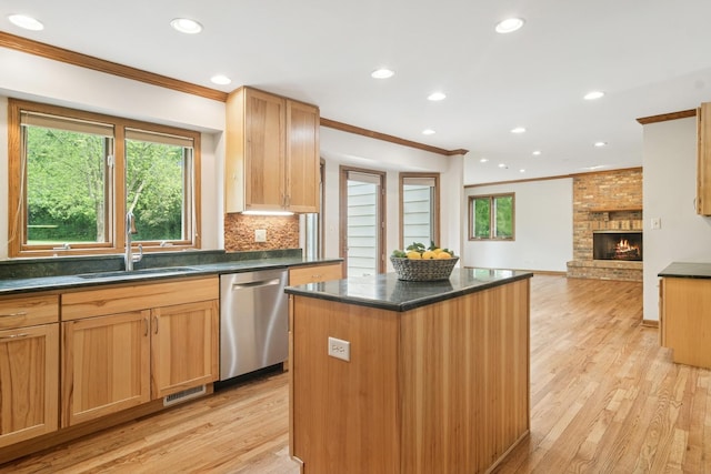6513 High Meadow Ct, Long Grove, IL 60047 - kitchen with stainless steel dishwasher, crown molding, a kitchen island, light wood finished floors, and open floor plan