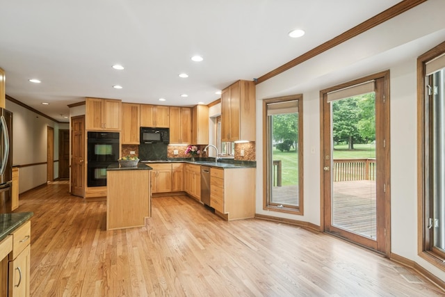 6513 High Meadow Ct, Long Grove, IL 60047 - kitchen with black appliances, crown molding, dark countertops, a kitchen island, and backsplash