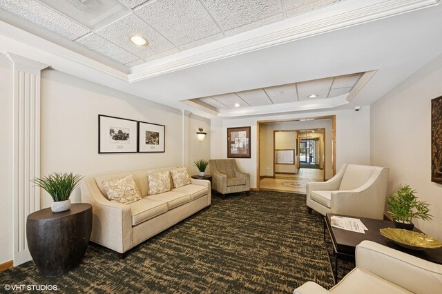 11 S Wille St Unit 709, Mount Prospect, IL 60056 - carpeted living area with a tray ceiling, recessed lighting, and ornamental molding
