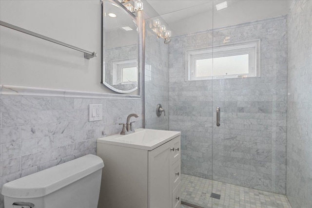 1719 Ferndale Ave, Northbrook, IL 60062 - full bath with vanity, a stall shower, a chandelier, tile walls, and a wainscoted wall