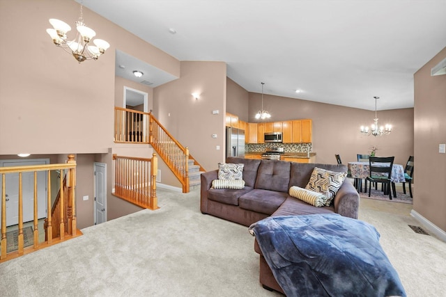 5227 Cobblers Xing Unit 5227, Mchenry, IL 60050 - living room with a chandelier, light colored carpet, and high vaulted ceiling
